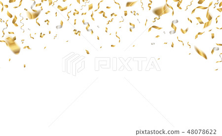 Golden celebration confetti. Falling party ribbons, birthday flying holiday decoration. Realistic 48078622