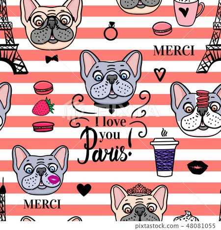 Seamless pattern French Bulldog.Vector Eiffeltower Seamless pattern French Bulldog.Vector Eiffeltower 48081055