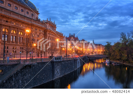 Prague embankment, night cityscape, Czech Republic Prague embankment, night cityscape, Czech Republic 48082414