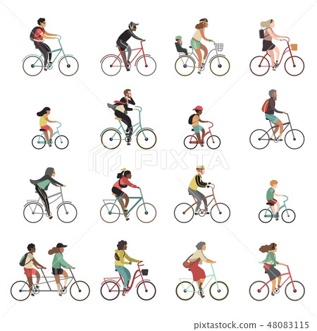 Cyclists set. Happy people riding bicycle family ride tandem bikes children woman men sports gear 48083115