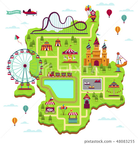 Amusement park map. Scheme elements attractions festival amuse funfair leisure family fairground kid 48083255