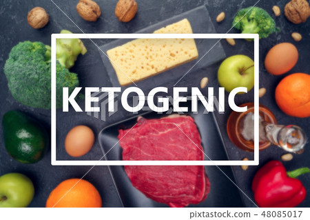 Picture of products for ketogenic diet on empty black background in studio 48085017