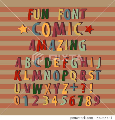 Colorful comic font alphabet in style of comics. Creative fun cartoon typography Colorful comic font alphabet in style of comics. Creative fun cartoon typography 48086521