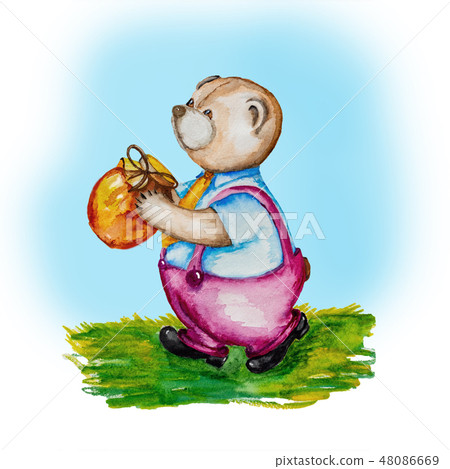 Cute bear with a jar of honey painted in watercolor. 48086669