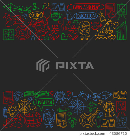 Vector set of learning English language, children's drawing icons in doodle style. Painted, colorful 48086710