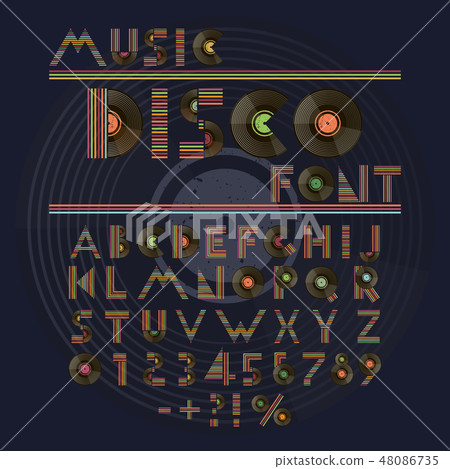 Music disco retro font. Alphabet and numbers with vinyl records. Music disco retro font. Alphabet and numbers with vinyl records. 48086735