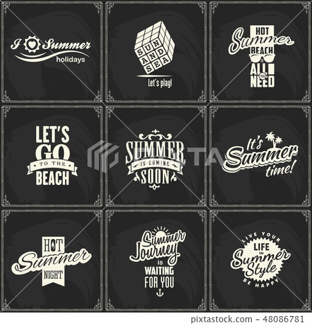 Summer travel and beach party blackboard logo set Summer travel and beach party blackboard logo set 48086781