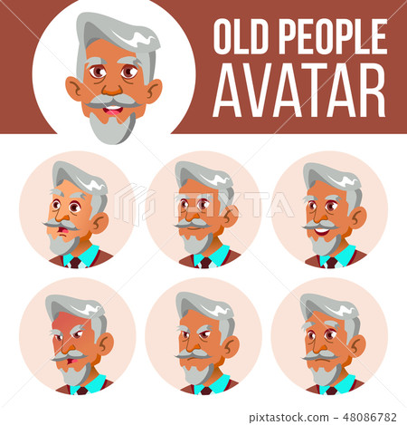Arab, Muslim Old Man Avatar Set Vector. Face Emotions. Senior Person Portrait. Elderly People. Aged Arab, Muslim Old Man Avatar Set Vector. Face Emotions. Senior Person Portrait. Elderly People. Aged 48086782