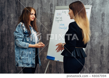 English language school. Two female students talking in classroom. English language school. Two female students talking in classroom. 48087094