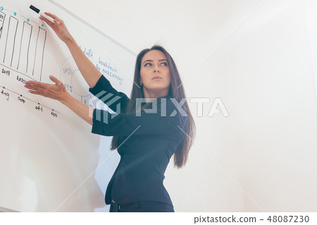 Female business trainer giving presentation on whiteboard Female business trainer giving presentation on whiteboard 48087230