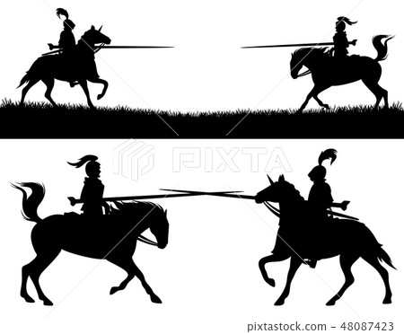 fighting knights black vector silhouette-插圖素材[48087423 