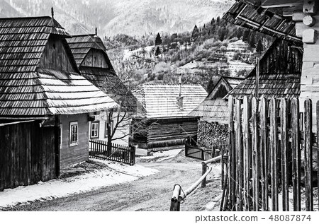 Colorful wooden houses in Vlkolinec, colorless 48087874