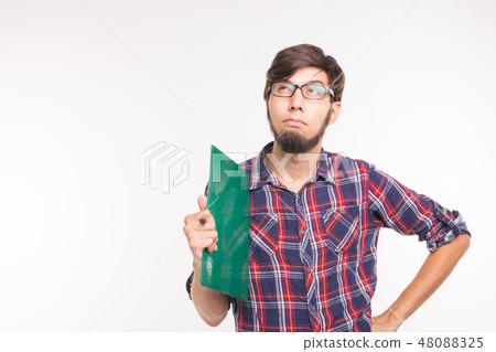 Funny bearded man with documents on white background with copy space 48088325