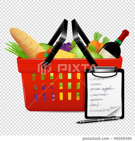 Shopping basket with foods and shopping list 48088480