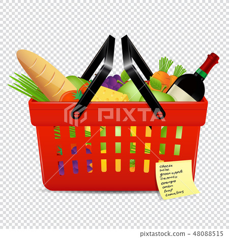 Shopping list and red basket with foods Shopping list and red basket with foods 48088515