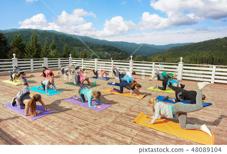 Women training on fitness class, doing exercise on mats. 48089104
