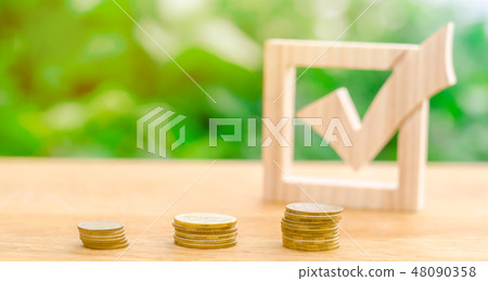 Wooden check mark and stacks of coins Wooden check mark and stacks of coins 48090358