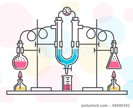 Composition of chemical flasks, hoses and a manometer in a chemical laboratory 48090391
