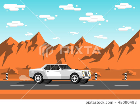 White sedan car rides along an empty highway 48090498