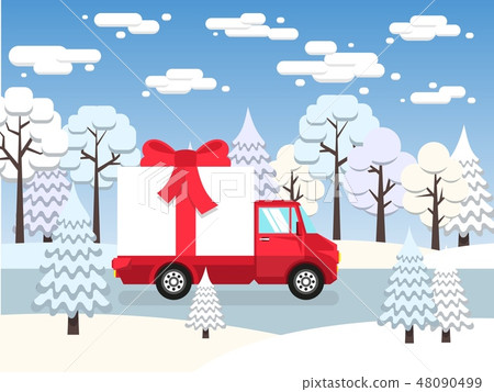 Red truck carries among winter forest huge gift tied with a red bow 48090499