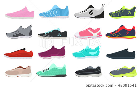 Cartoon Color Different Sneakers Shoes Set. Vector 48091541