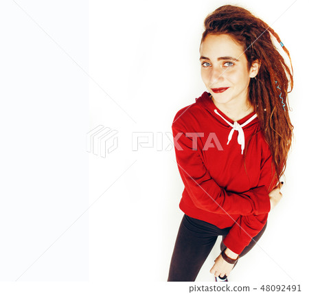 real caucasian woman with dreadlocks hairstyle funny cheerful faces on white 48092491