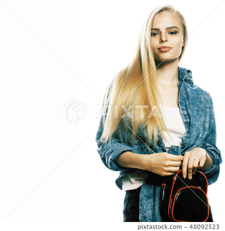 young blond woman on white backgroung gesture thumbs up, isolated emotional posing close up young blond woman on white backgroung gesture thumbs up, isolated emotional posing close up 48092523