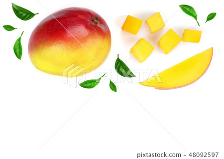 Mango fruit and slices decorated with leaves isolated on white background with copy space for your Mango fruit and slices decorated with leaves isolated on white background with copy space for your 48092597