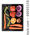 Colorful vegetables lying on black pan, drawn. 48093158