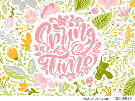 Flower Vector greeting card with text Spring Time. Isolated flat illustration on white background Flower Vector greeting card with text Spring Time. Isolated flat illustration on white background 48096980