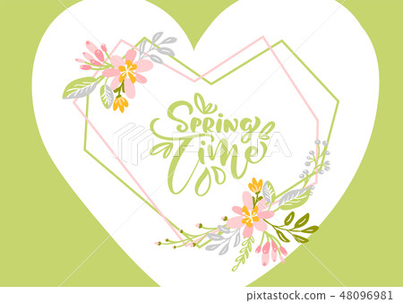 Flower Vector greeting card with text Spring Time. Isolated flat illustration on white background in 48096981