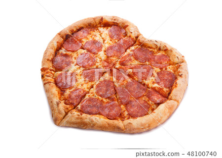 Pizza Pepperoni Heart shape with mozzarella cheese Pizza Pepperoni Heart shape with mozzarella cheese 48100740