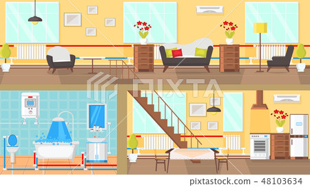 Rooms Interior Concept Flat Vector Illustration Rooms Interior Concept Flat Vector Illustration 48103634