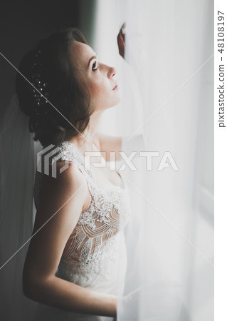 Gorgeous bride in robe posing and preparing for the wedding ceremony face in a room 48108197