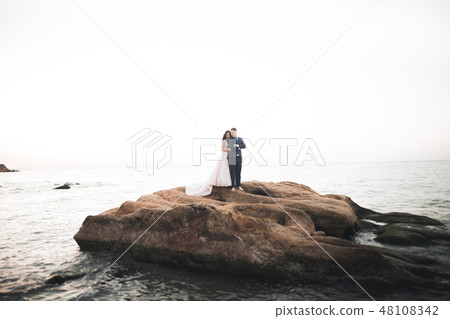 Elegant stylish happy wedding couple, bride, gorgeous groom on the background of sea and sky Elegant stylish happy wedding couple, bride, gorgeous groom on the background of sea and sky 48108342