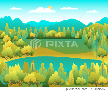 Hills landscape in flat style design. Valley lake Hills landscape in flat style design. Valley lake 48109587