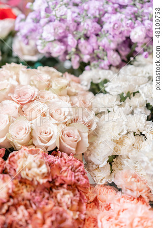 Floral carpet, flower texture, shop concept. Beautiful fresh blossoming flowers roses, spray roses 48109758