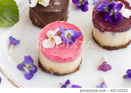 Raw vegan desserts with fresh violet flowers 48110582