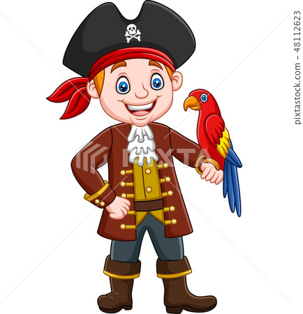 Cartoon captain pirate  with macaw bird 48112623