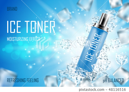 Cooling Ice toner with ice cubes. Realistic frozen refreshing spray bottle packaging ad. Skin care 48116516