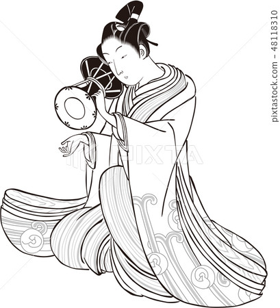 演奏Noh音樂的年輕人黑白 48118310