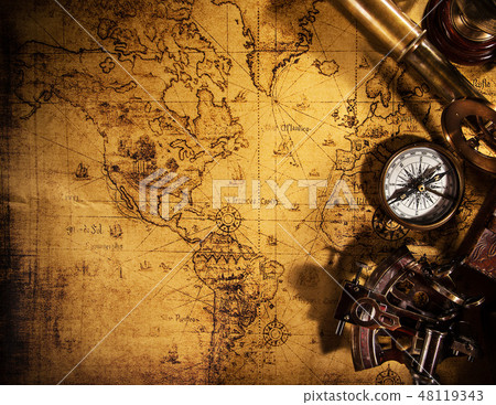 Old vintage navigation equipment on old world map. Old vintage navigation equipment on old world map. 48119343