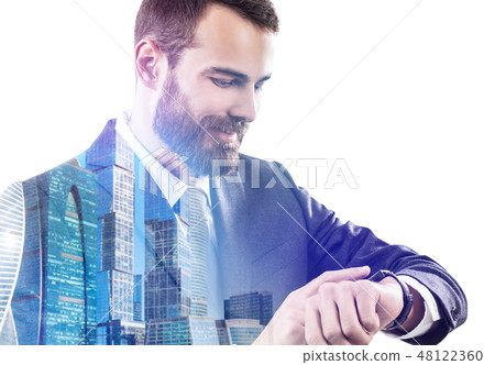 Double exposure of businessman and cityscape. Double exposure of businessman and cityscape. 48122360