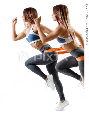Collage of sporty woman using a resistance band for sport. 48122361