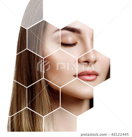 Beautiful female face in honeycombs. Beautiful female face in honeycombs. 48122445
