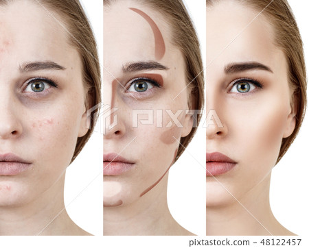 Collage of woman applying makeup step by step. Collage of woman applying makeup step by step. 48122457
