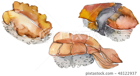 Watercolor sushi set of beautiful tasty japanese food illustration. Hand drawn objects isolated on 48122937
