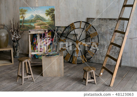 Workshop of skilled painter with his pictures Workshop of skilled painter with his pictures 48123063