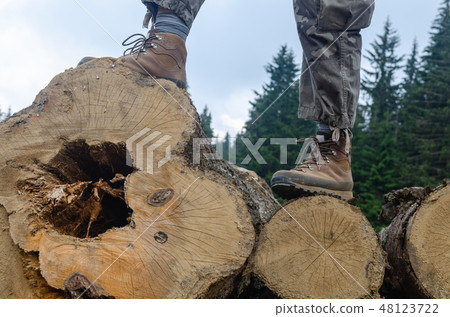 Hiker's boots on logs Hiker's boots on logs 48123722
