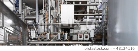 Chrome-plated pipes, wires and devices. Industrial background 48124116
